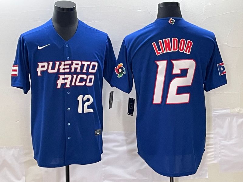 Men 2023 World Cub Puerto Rico #12 Lindor Blue Nike MLB Jersey2